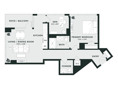 A black and white floor plan of a house with a living room, dining room, kitchen, powder room, den, and two bedrooms.